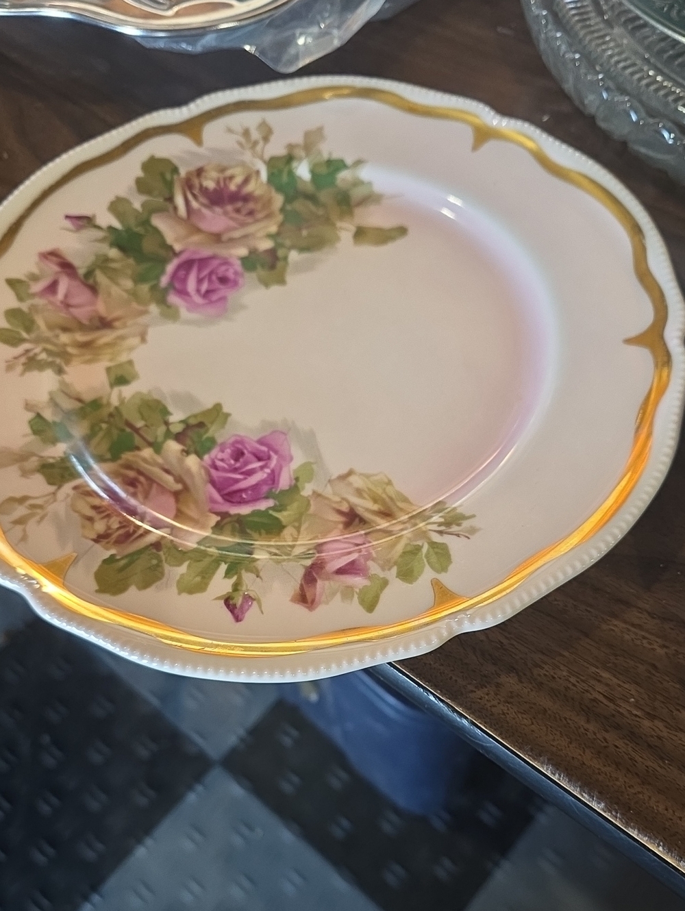Elegant Pink Rose Porcelain Dinner Plate with Gold Trim